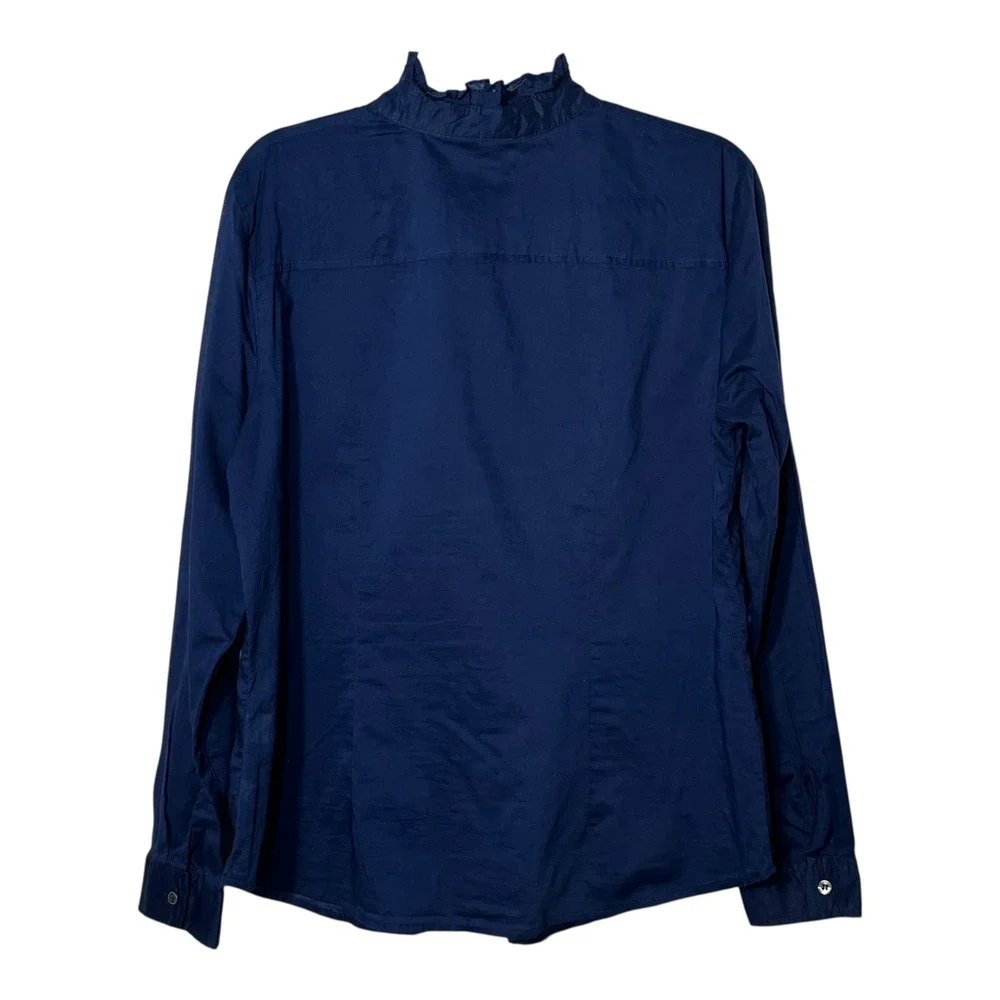 New York & Company Navy Blue Ruffle Front Cotton Blouse XL Long Sleeve Top